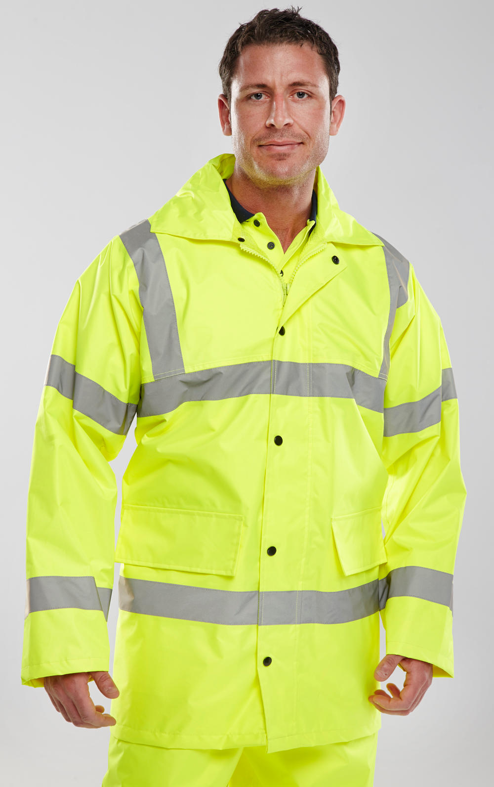 LIGHTWEIGHT HI-VIS EN471 SAFETY WATERPROOF JACKET SATURN YELLOW FRONT SIDE VIEW